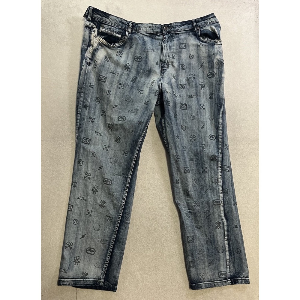 Ecko Unltd Jeans Mens Size 48x30 Blue Denim All Over Print Slim Straight Leg Y2K